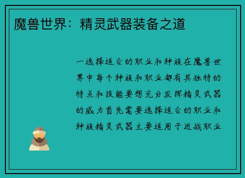 魔兽世界：精灵武器装备之道